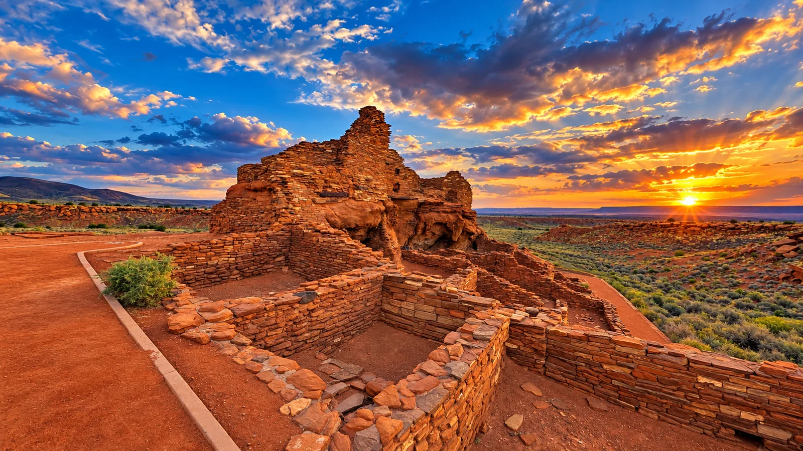 Wupatki Pueblo at sunset, with layered stone rooms in the foreground and the desert landscape beyond